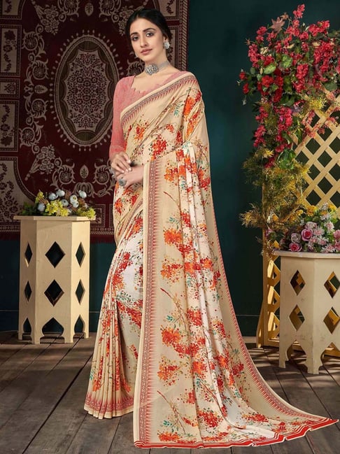 Satrani Beige Printed Saree With Unstitched Blouse Price in India