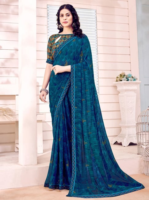 Satrani Blue Printed Saree With Unstitched Blouse Price in India