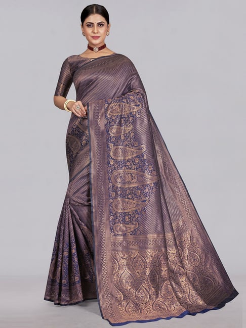 Satrani Blue Woven Saree With Unstitched Blouse Price in India