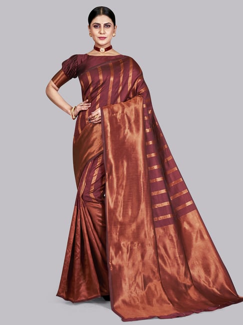 Satrani Maroon & Golden Woven Saree With Unstitched Blouse Price in India