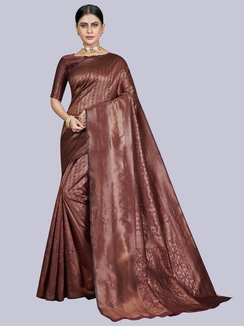 Satrani Maroon & Golden Woven Saree With Unstitched Blouse Price in India