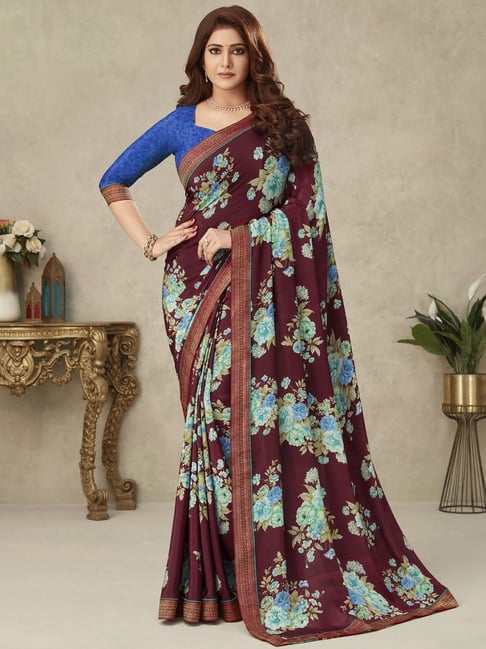 Satrani Maroon Printed Saree With Unstitched Blouse Price in India