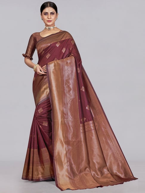 Satrani Maroon & Golden Woven Saree With Unstitched Blouse Price in India