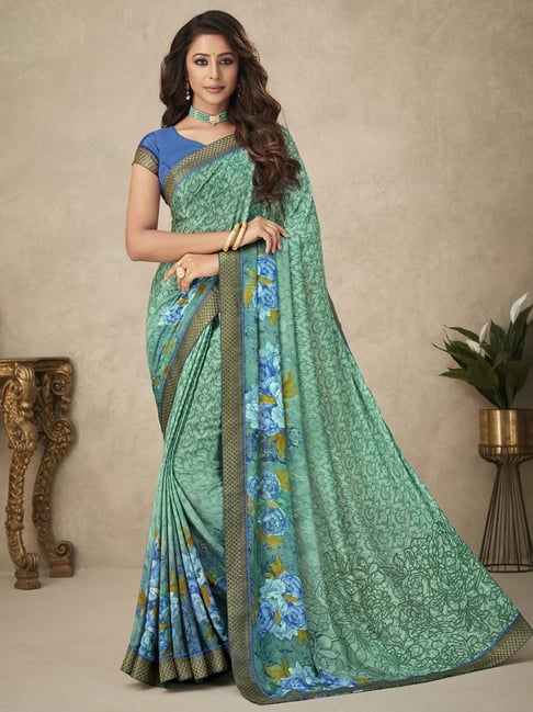 Satrani Green Printed Saree With Unstitched Blouse Price in India