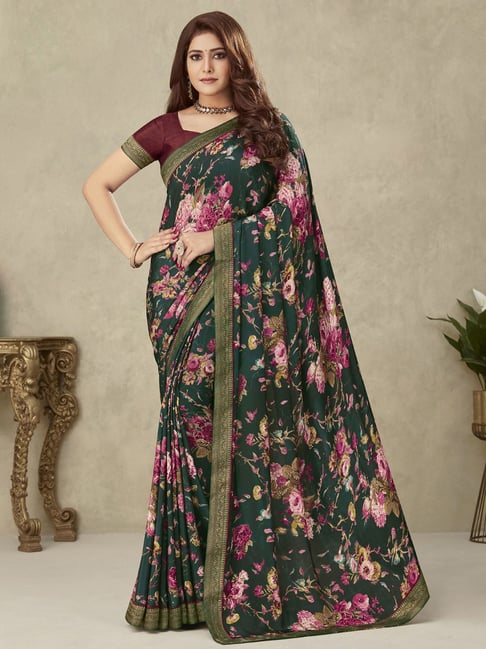 Satrani Green Printed Saree With Unstitched Blouse Price in India