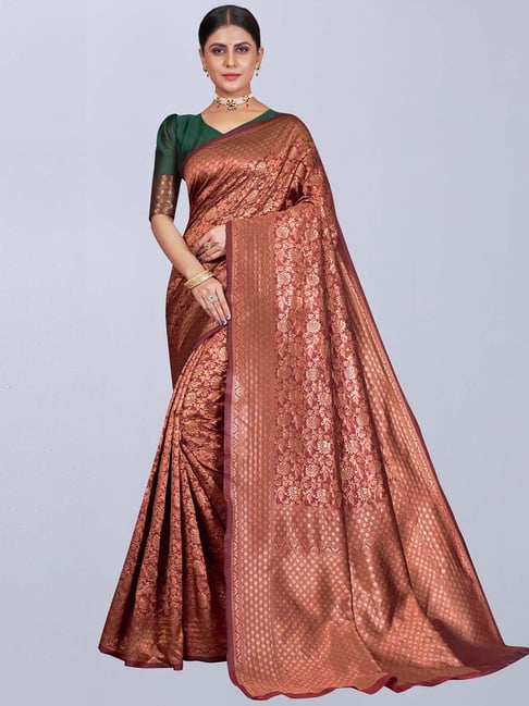 Satrani Maroon & Golden Woven Saree With Unstitched Blouse Price in India