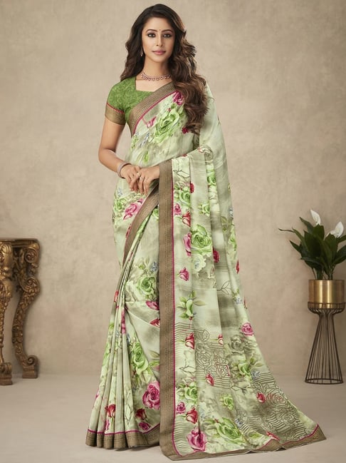 Satrani Green Printed Saree With Unstitched Blouse Price in India