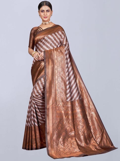 Satrani Brown Woven Saree With Unstitched Blouse Price in India