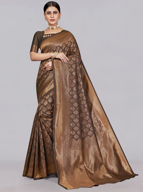 Satrani Brown & Golden Woven Saree With Unstitched Blouse Price in India