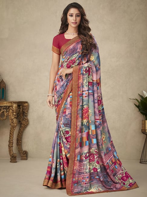 Satrani Multicolored Printed Saree With Unstitched Blouse Price in India