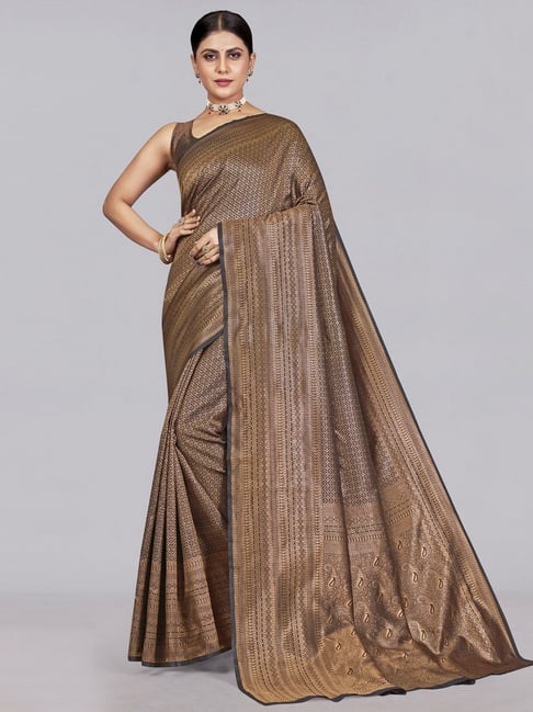 Satrani Brown Woven Saree With Unstitched Blouse Price in India