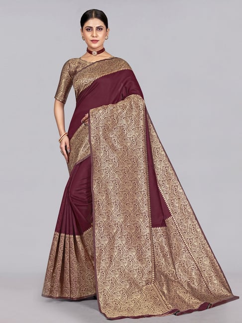 Satrani Maroon Woven Saree With Unstitched Blouse Price in India