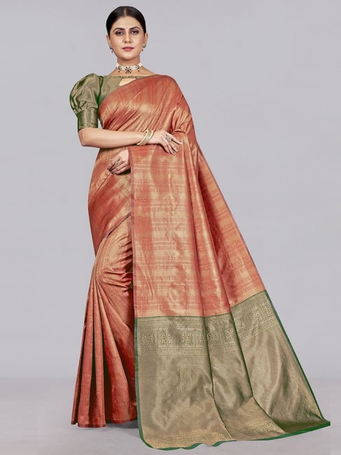 Satrani Orange & Green Woven Saree With Unstitched Blouse Price in India