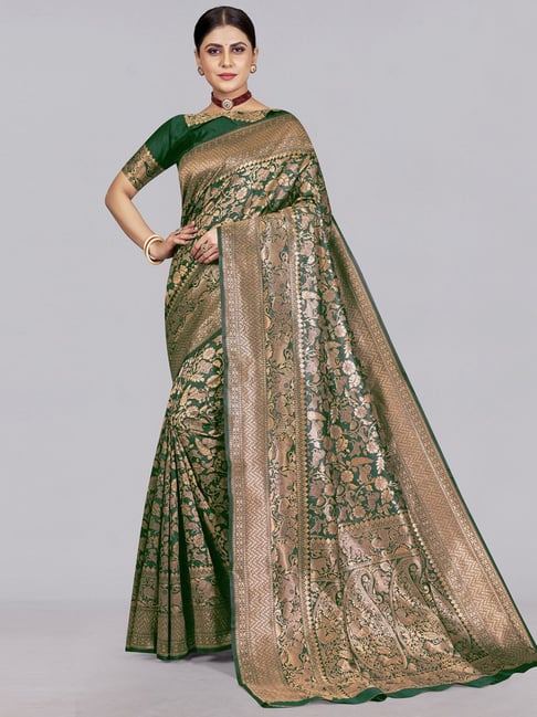 Satrani Green Woven Saree With Unstitched Blouse Price in India