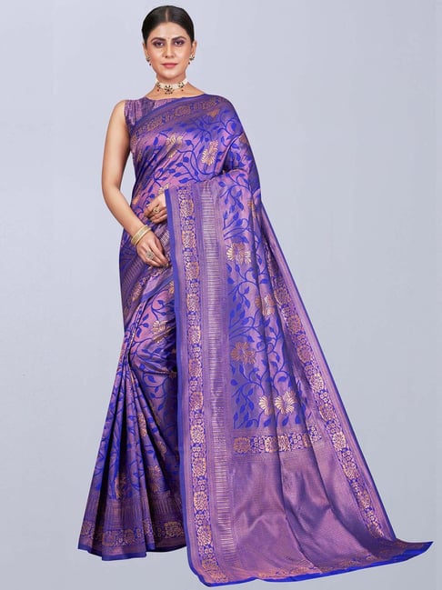 Satrani Blue & Golden Woven Saree With Unstitched Blouse Price in India
