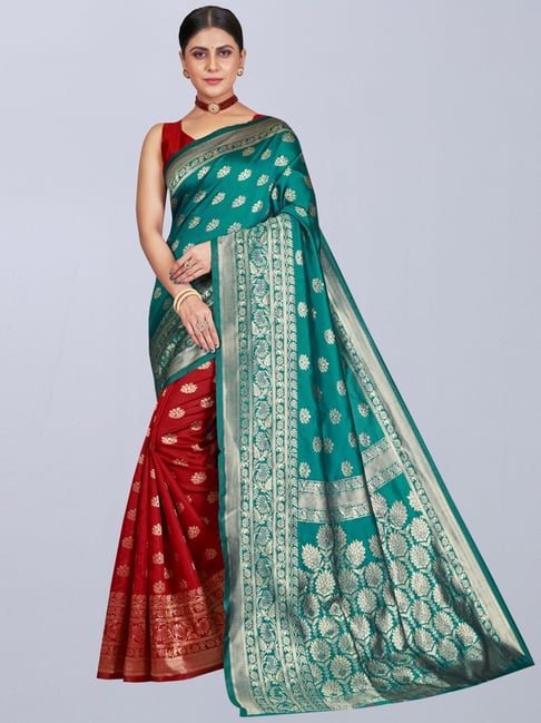 Satrani Green & Red Woven Saree With Unstitched Blouse Price in India