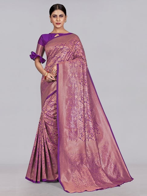 Satrani Purple & Golden Woven Saree With Unstitched Blouse Price in India