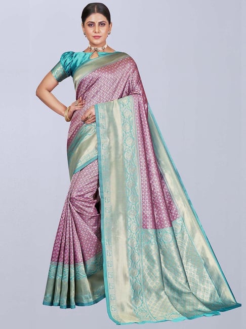Satrani Purple & Green Woven Saree With Unstitched Blouse Price in India