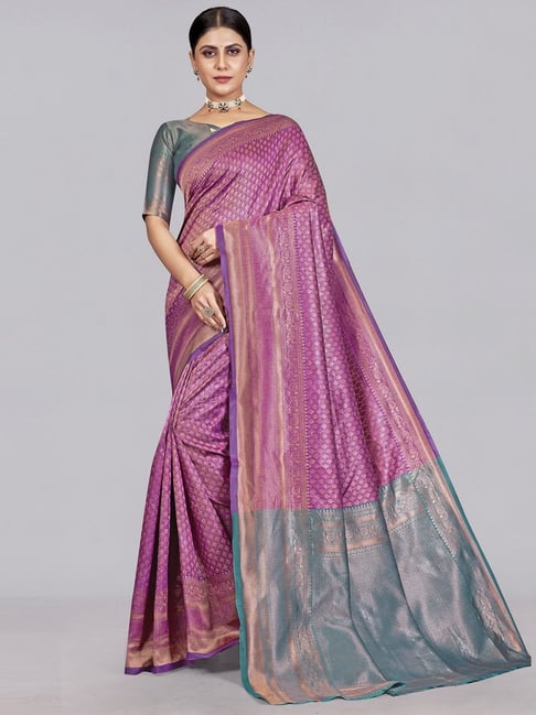 Satrani Purple & Blue Woven Saree With Unstitched Blouse Price in India