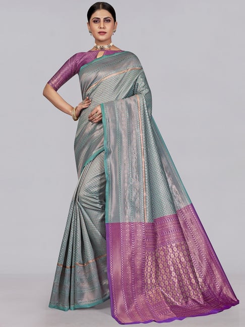 Satrani Blue & Purple Woven Saree With Unstitched Blouse Price in India