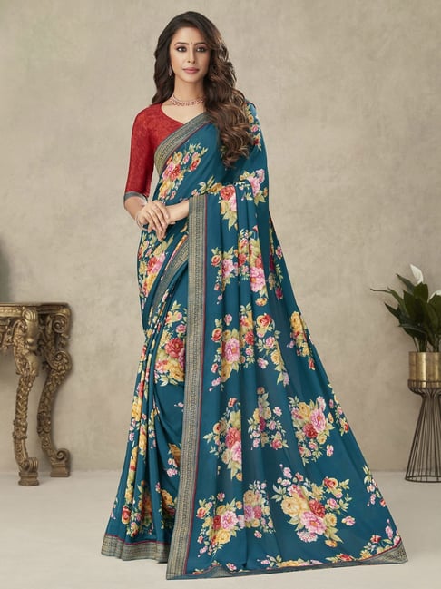 Satrani Blue Printed Saree With Unstitched Blouse Price in India