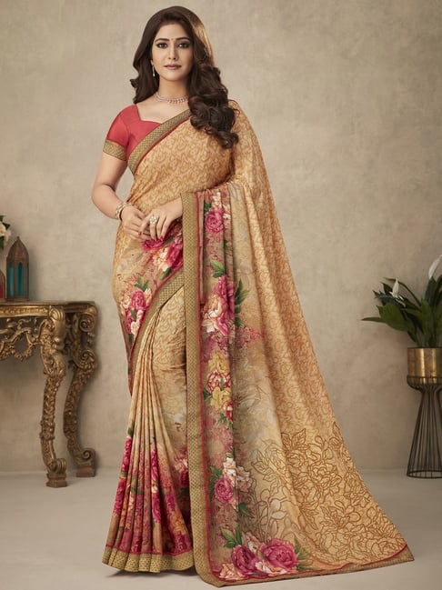 Satrani Beige Printed Saree With Unstitched Blouse Price in India