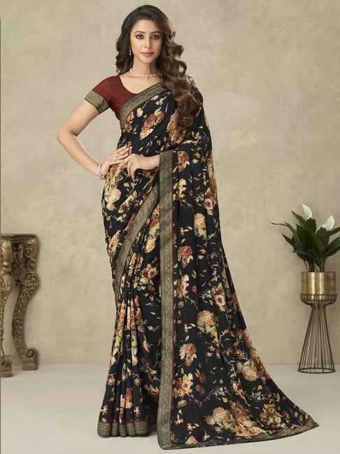 Satrani Black Printed Saree With Unstitched Blouse Price in India