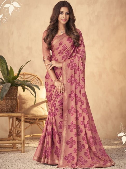 Satrani Peach Printed Saree With Unstitched Blouse Price in India