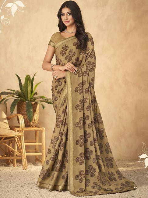 Satrani Brown Printed Saree With Unstitched Blouse Price in India