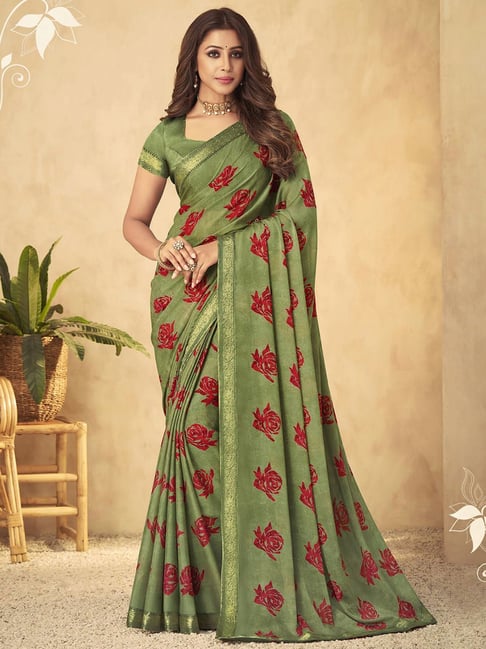 Satrani Green Printed Saree With Unstitched Blouse Price in India