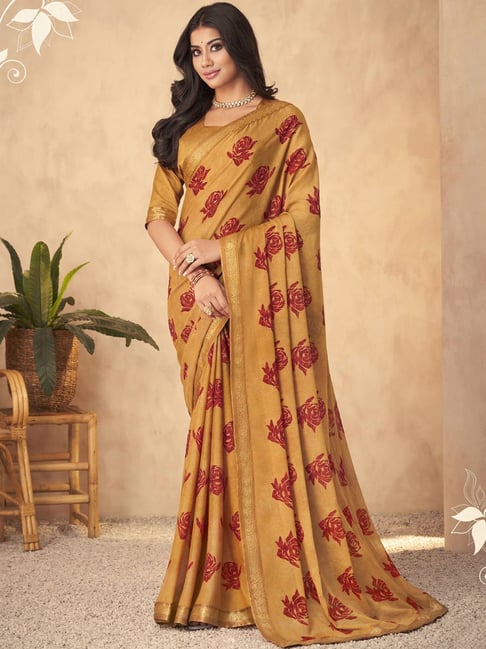Satrani Mustard Printed Saree With Unstitched Blouse Price in India