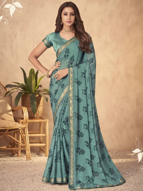 Satrani Blue Printed Saree With Unstitched Blouse Price in India