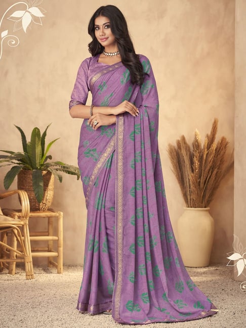 Satrani Purple Printed Saree With Unstitched Blouse Price in India