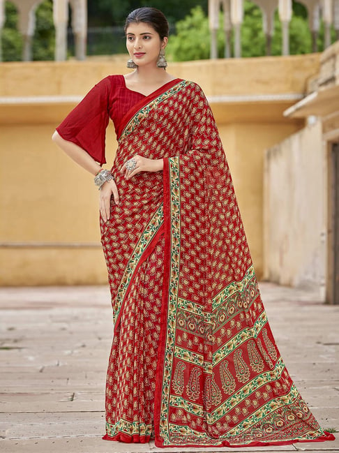 Satrani Red Printed Saree With Unstitched Blouse Price in India