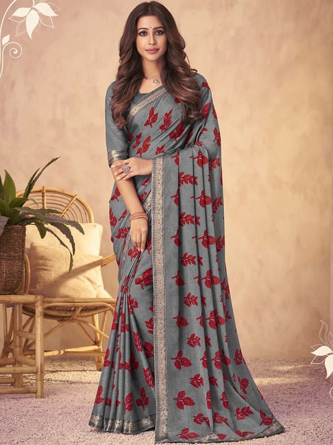 Satrani Grey Printed Saree With Unstitched Blouse Price in India