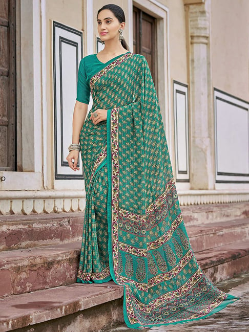 Satrani Green Printed Saree With Unstitched Blouse Price in India