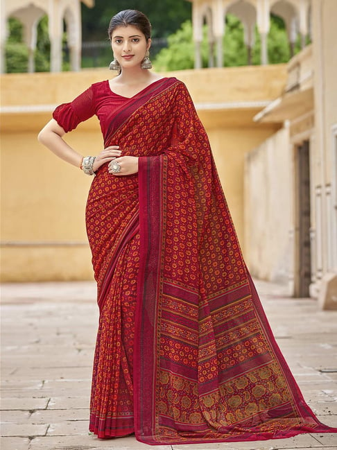 Satrani Red Printed Saree With Unstitched Blouse Price in India