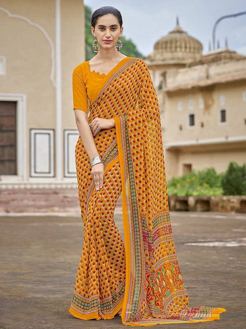 Satrani Yellow Printed Saree With Unstitched Blouse Price in India