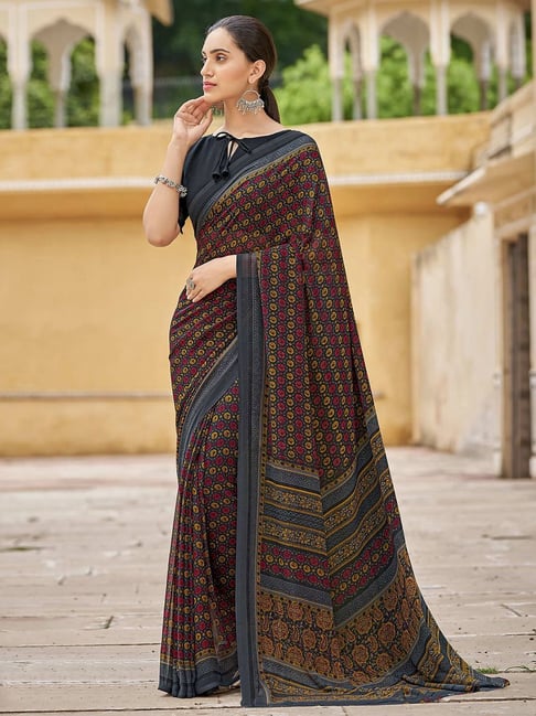 Satrani Grey Printed Saree With Unstitched Blouse Price in India