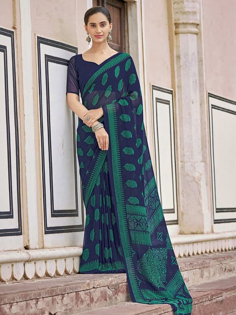 Satrani Blue Printed Saree With Unstitched Blouse Price in India