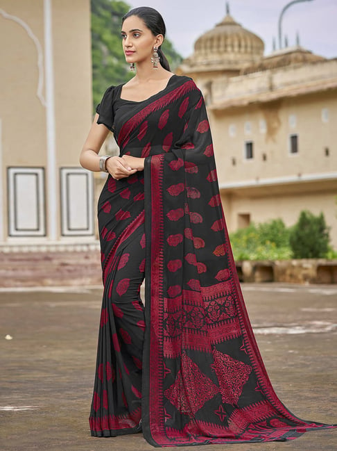 Satrani Black Printed Saree With Unstitched Blouse Price in India