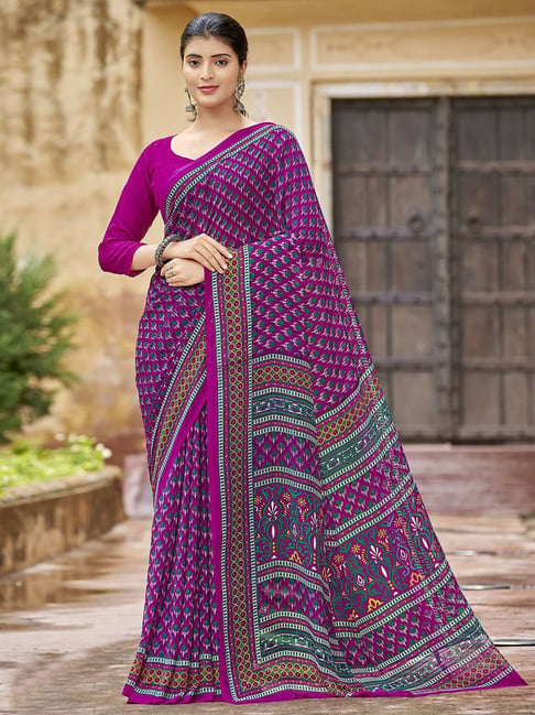 Satrani Purple Printed Saree With Unstitched Blouse Price in India
