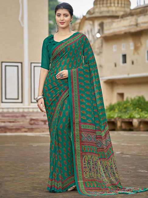 Satrani Green Printed Saree With Unstitched Blouse Price in India