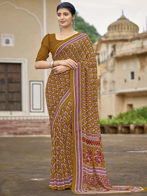 Satrani Brown Printed Saree With Unstitched Blouse Price in India