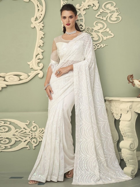 Satrani Off-White Embellished Saree With Unstitched Blouse Price in India