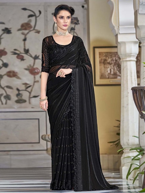 Satrani Black Embellished Saree With Unstitched Blouse Price in India