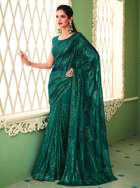 Satrani Green Embellished Saree With Unstitched Blouse Price in India