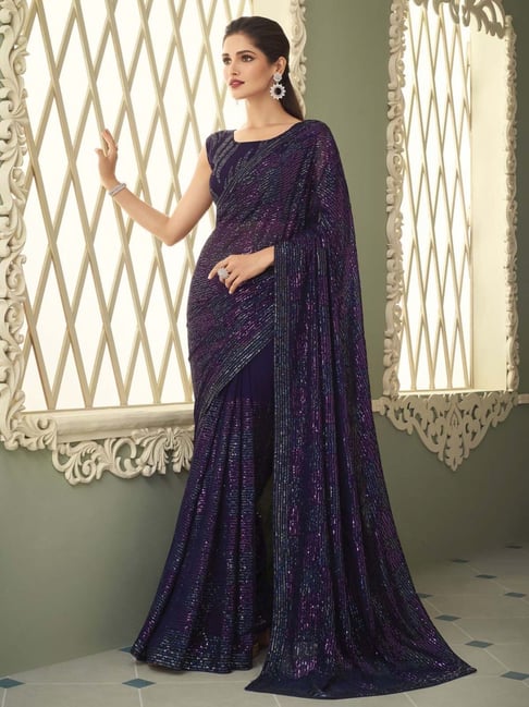 Satrani Purple Embellished Saree With Unstitched Blouse Price in India