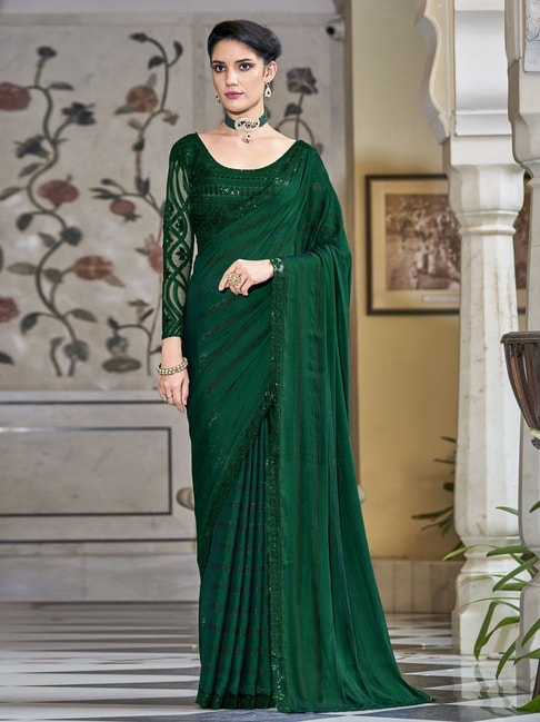 Satrani Green Embellished Saree With Unstitched Blouse Price in India