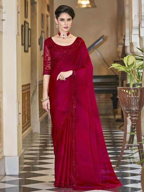 Satrani Red & Pink Embroidered Saree With Unstitched Blouse Price in India